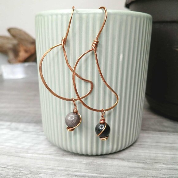 BOGO EARRINGS Black obsidian crescent moon beaded dangle earrings, 2.5" - Picture 2 of 5